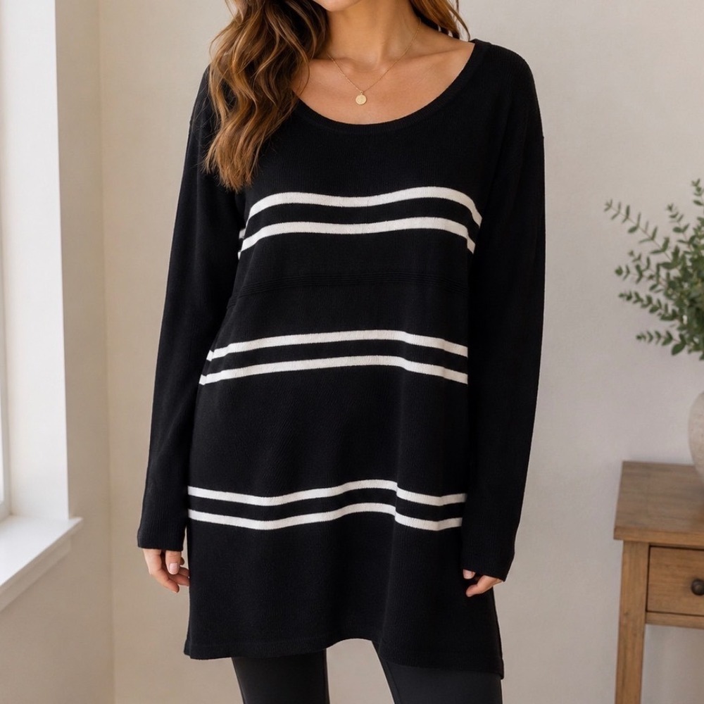 Bill Blass Jeans Women XXL Black White Striped Ribbed Knit Scoop Neck Sweater